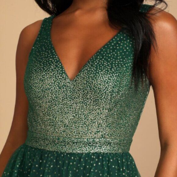 Lulu's‎ Women's  Sparkling Gold Glitter Skater Mini Dress Emerald Green - Picture 3 of 4